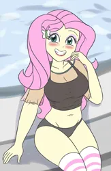 Size: 2151x3307 | Tagged: suggestive, artist:sumin6301, derpibooru import, fluttershy, butterfly, human, insect, equestria girls, g4, belly button, black panties, black underwear, blushing, breasts, busty fluttershy, cleavage, clothes, eyeshadow, female, grin, hairclip, image, jpeg, legs, legs together, lipstick, looking at you, looking up, looking up at you, makeup, panties, smiling, smiling at you, solo, underwear