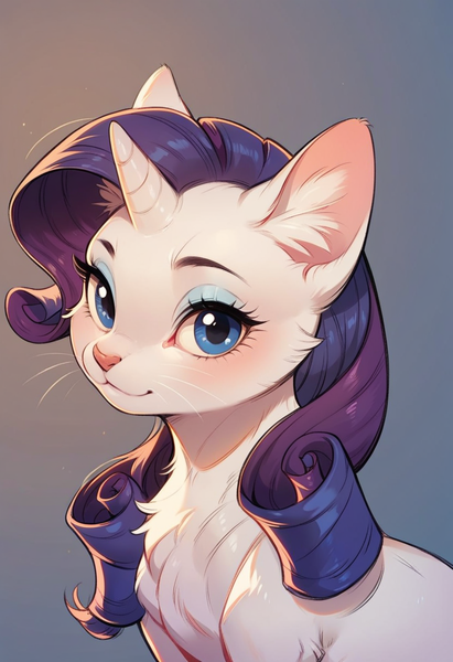 Size: 832x1216 | Tagged: safe, ai content, derpibooru import, machine learning generated, prompter:doom9454, stable diffusion, rarity, cat, bust, catified, cute, fluffy, generator:pony diffusion v6 xl, gradient background, image, looking at you, png, portrait, solo, species swap