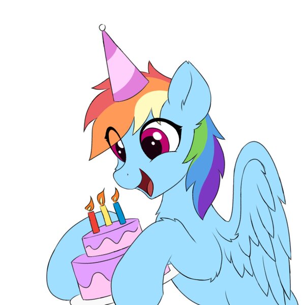 Size: 1800x1800 | Tagged: safe, artist:mercurysparkle, derpibooru import, rainbow dash, pegasus, pony, g4, birthday cake, cake, female, food, hat, image, jpeg, looking at something, mare, open mouth, open smile, partially open wings, party hat, rainbow dash's birthday, simple background, smiling, solo, white background, wings