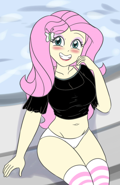 Size: 4302x6614 | Tagged: suggestive, artist:sumin6301 edits, derpibooru import, edit, editor:mlplove, fluttershy, butterfly, human, insect, equestria girls, g4, belly button, bench, black panties, black tank top, black underwear, blushing, breasts, busty fluttershy, butterfly hairpin, cameltoe, cleavage, clothes, cloud, eyebrows, eyebrows visible through hair, eyeshadow, female, grin, hair on bench, hairclip, hand on cheek, high res, image, legs, legs together, lipstick, looking at you, looking up, looking up at you, makeup, outdoors, panties, panty shot, pink bra, png, sky, smiling, smiling at you, solo, solo female, tanktop, underwear, underwear edit