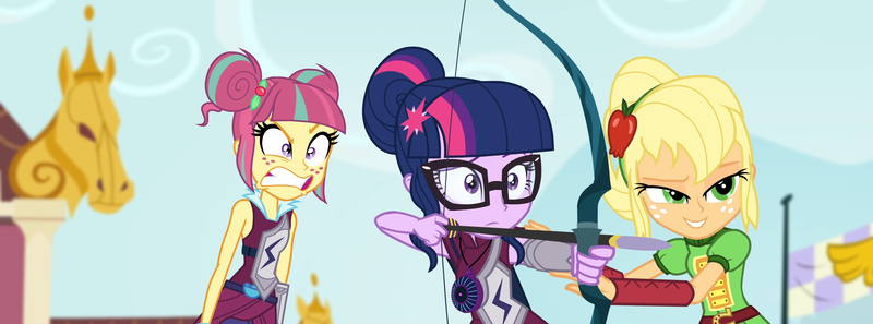 Size: 2848x1059 | Tagged: safe, composite screencap, derpibooru import, edit, edited screencap, screencap, applejack, sci-twi, sour sweet, twilight sparkle, human, equestria girls, g4, archery clothes, arrow, bow (weapon), female, friendship games archery outfit, friendship games outfit, glasses, hair bun, image, my little pony equestria girls: friendship games, png, tri-cross relay outfit, trio