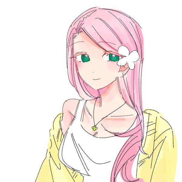 Size: 1280x1280 | Tagged: safe, artist:rainn__1026, derpibooru import, fluttershy, human, g4, blushing, breasts, butterfly hairpin, collarbone, female, humanized, image, jewelry, jpeg, looking at you, necklace, simple background, smiling, smiling at you, solo, white background