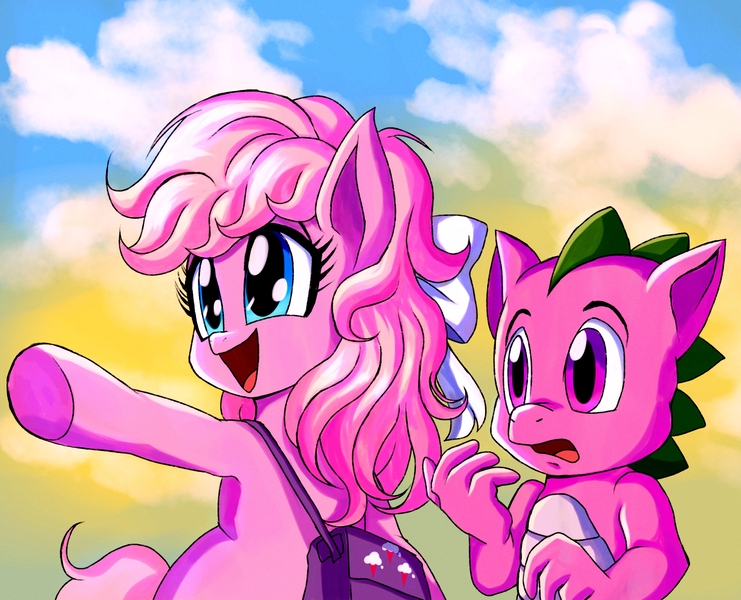 Size: 2731x2211 | Tagged: safe, artist:rafastary, derpibooru import, lickety-split, spike (g1), dragon, earth pony, pony, g1, bag, female, image, jpeg, male