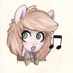 Size: 1500x1500 | Tagged: safe, artist:broccolidad, derpibooru import, pony, :o, brown hair, bust, colored pencil drawing, image, music notes, open mouth, png, portrait, simple background, solo, tan background, traditional art