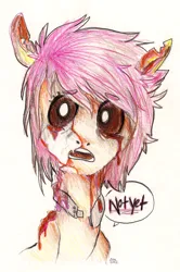 Size: 1000x1508 | Tagged: semi-grimdark, artist:broccolidad, derpibooru import, oc, unofficial characters only, pony, undead, zombie, zombie pony, blood, bust, colored pencil drawing, image, open mouth, png, solo, traditional art