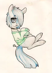 Size: 1328x1872 | Tagged: safe, artist:broccolidad, derpibooru import, oc, unofficial characters only, pony, colored pencil drawing, full body, hair over one eye, image, png, simple background, solo, tan background, traditional art