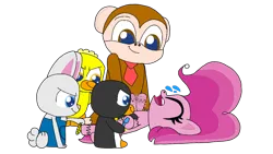 Size: 1280x720 | Tagged: safe, artist:cooperthedoodlian, derpibooru import, pinkie pie, bird, duck, monkey, penguin, pony, rabbit, g4, my little pony: pony life, animal, clothes, crossover, feather, hoof tickling, image, necktie, overalls, plush adventures, plushverse, png, tickle torture, tickling, toothbrush