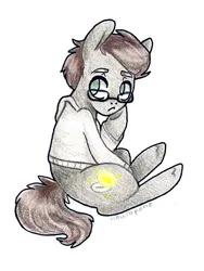 Size: 1152x1528 | Tagged: safe, artist:broccolidad, derpibooru import, pony, brown hair, clothes, colored pencil drawing, full body, gray coat, green eyes, hoodie, image, male, png, solo, traditional art