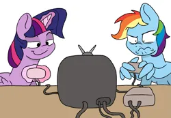 Size: 1435x991 | Tagged: safe, artist:doodledonutart, derpibooru import, rainbow dash, twilight sparkle, twilight sparkle (alicorn), alicorn, pony, controller, image, joystick, magic, png, television, wing hands, wings