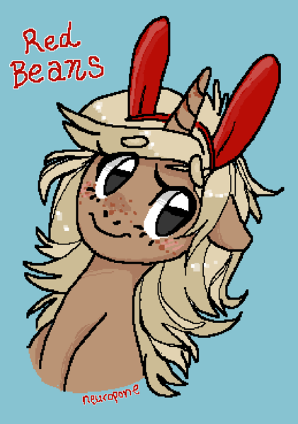 Size: 800x1140 | Tagged: safe, artist:broccolidad, derpibooru import, oc, unofficial characters only, pony, unicorn, 2013, blonde hair, blue background, brown coat, digital art, fake ears, horn, image, pixel art, png, simple background, smiling, solo, unicorn oc