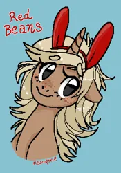 Size: 800x1140 | Tagged: safe, artist:broccolidad, derpibooru import, oc, unofficial characters only, pony, unicorn, 2013, blonde hair, blue background, brown coat, digital art, fake ears, horn, image, pixel art, png, simple background, smiling, solo, unicorn oc