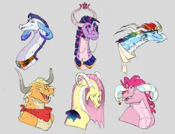 Size: 7800x6000 | Tagged: safe, artist:chub-wub, derpibooru import, applejack, fluttershy, pinkie pie, rainbow dash, rarity, twilight sparkle, dragon, alternate hairstyle, bandana, cape, clothes, dragoness, dragonified, dragonjack, fangs, female, flutterdragon, glasses, gray background, horns, image, jpeg, mane six, markings, open mouth, pinkiedragon, rainbow dragon, raridragon, simple background, species swap, twilidragon, wings