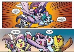 Size: 1996x1414 | Tagged: safe, artist:agnesgarbowska, derpibooru import, idw, cattail, fluttershy, ms. vine, twilight sparkle, zecora, alicorn, earth pony, pegasus, pony, zebra, spoiler:comic, spoiler:comic58, image, jpeg, magenta bloom, official comic