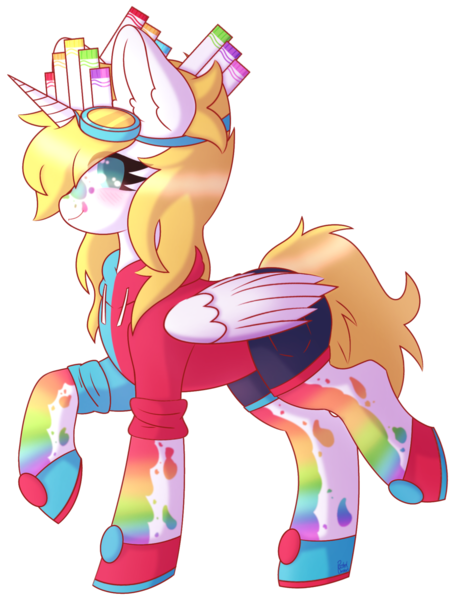 Size: 1472x1942 | Tagged: safe, artist:pasteldraws, derpibooru import, oc, unofficial characters only, alicorn, pony, blushing, clothes, commission, crown, ear fluff, goggles, hoodie, horn, image, jewelry, marker crown, markers, paint, paint splatter, png, rainbow, regalia, shading, shoes, shorts, simple background, solo, traditional art, transparent background, wings