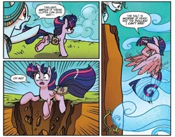 Size: 1976x1548 | Tagged: safe, artist:agnesgarbowska, derpibooru import, idw, ms. vine, twilight sparkle, alicorn, earth pony, pony, g4, spoiler:comic, spoiler:comic58, cliff, falling, food, image, jpeg, official comic, salt, wind