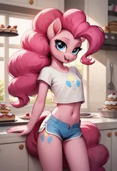 Size: 832x1216 | Tagged: suggestive, machine learning generated, prompter:rkmisc, pinkie pie, anthro, plantigrade anthro, breasts, clothes, cutie mark, cutie mark on clothes, food, image, jpeg, kitchen, long hair, midriff, pastry, shorts, small breasts, smiling, smiling at you, solo, tail, unbuttoned