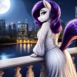 Size: 768x768 | Tagged: safe, ai content, derpibooru import, machine learning generated, prompter:chillyhooves, stable diffusion, rarity, anthro, g4, balcony, city, image, jpeg, looking at you, looking back, looking back at you, moon, solo