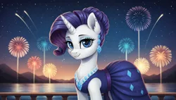 Size: 2560x1456 | Tagged: safe, ai content, derpibooru import, generator:autismmixconfetti, machine learning generated, rarity, pony, unicorn, g4, alternate hairstyle, clothes, dress, ear piercing, earring, female, fireworks, hair bun, horn, image, jewelry, looking at you, mare, night, piercing, png, prompter:siber, railing, smiling, smiling at you, solo, starry sky, stars