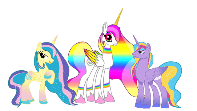 Size: 640x360 | Tagged: safe, artist:sallythepinkdog2024, derpibooru import, princess gold lily, princess sterling, oc, oc:golden lily, oc:rainbow light, oc:sterling, unofficial characters only, alicorn, pony, series:the downfall of unity, g4, g5, alicorn oc, colored hooves, colored wings, ethereal mane, female, folded wings, g5 to g4, generation leap, gradient legs, hoof on chest, hooves, horn, image, male, mare, multicolored hair, multicolored wings, open mouth, png, rainbow eyes, rainbow eyeshadow, rainbow hair, rainbow wings, simple background, stallion, trio, white background, wings