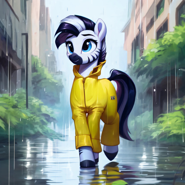 Size: 3072x3072 | Tagged: safe, ai content, derpibooru import, machine learning generated, prompter:lostconn, stable diffusion, oc, zebra, city, female, feral, generator:pony diffusion v6 xl, generator:purplesmart.ai, image, jpeg, raincoat, reflection, solo, solo female, zebra oc