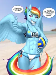 Size: 4500x6000 | Tagged: suggestive, artist:mykegreywolf, derpibooru import, rainbow dash, anthro, pegasus, pony, unguligrade anthro, abs, beach volleyball, bikini, clothes, dialogue, female, grin, image, looking at you, mare, muscles, muscular female, png, pointing at you, rainbuff dash, smiling, solo, solo female, speech bubble, sports bra, spread wings, swimsuit, wings