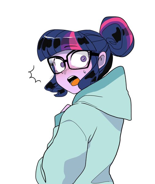 Size: 1600x1900 | Tagged: safe, artist:cheesesauce_45, derpibooru import, sci-twi, twilight sparkle, equestria girls, g4, blush lines, blushing, clothes, colored, cute, emanata, embarrassed, eyebrows, eyebrows visible through hair, female, glasses, hair bun, hoodie, image, jpeg, looking at you, oversized clothes, purple eyes, purple skin, shiny hair, shocked, shocked expression, shrunken pupils, simple background, solo, square glasses, surprised, sweat, sweatdrop, three toned hair, tied hair, tri-color hair, tri-colored tail, tricolor hair, tricolored tail, twiabetes, white background