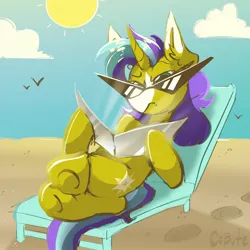 Size: 2048x2048 | Tagged: safe, artist:cupute, derpibooru import, oc, unofficial characters only, bird, pony, unicorn, badass, beach, beach chair, blue sky, cel shading, chair, clothes, cloud, colored eartips, colored muzzle, confused, confusion, eyebrows, furrowed brow, hoofprint, hoofprints, horn, image, jpeg, land, lying down, mohawk, mullet, ocean, on back, purple mane, purple tail, raised eyebrow, render, sand, scenery, shading, shiny mane, sitting, sky, solo, sun, sunglasses, tail, tanning, tanning mirror, teal mane, teal tail, twitter link, unicorn oc, water, yellow coat