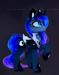 Size: 1472x1876 | Tagged: safe, alternate version, artist:magnaluna, derpibooru import, princess luna, alicorn, pony, zefiros codex, g4, alternate universe, colored wings, colored wingtips, crown, ethereal mane, ethereal tail, female, folded wings, galaxy mane, galaxy tail, hoof shoes, horn, image, jewelry, jpeg, looking at something, mare, multicolored wings, peytral, princess shoes, profile, raised hoof, regalia, solo, tail, wings