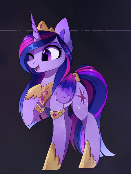 Size: 1487x1974 | Tagged: safe, artist:magnaluna, derpibooru import, twilight sparkle, twilight sparkle (alicorn), alicorn, pony, g4, colored wings, colored wingtips, crown, female, folded wings, gradient wings, hoof shoes, horn, image, jewelry, jpeg, mare, multicolored wings, one eye closed, open mouth, open smile, peytral, princess shoes, raised hoof, regalia, smiling, solo, tail, wings