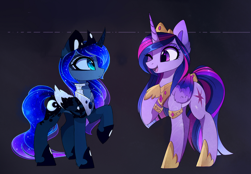 Size: 2907x2022 | Tagged: safe, artist:magnaluna, derpibooru import, princess luna, twilight sparkle, twilight sparkle (alicorn), alicorn, pony, g4, colored wings, colored wingtips, crown, duo, duo female, ethereal mane, ethereal tail, female, folded wings, galaxy mane, galaxy tail, gradient wings, hoof shoes, horn, image, jewelry, jpeg, looking at each other, looking at someone, mare, multicolored wings, one eye closed, open mouth, open smile, peytral, princess shoes, profile, raised hoof, regalia, smiling, tail, wings