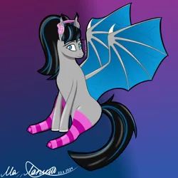 Size: 3500x3500 | Tagged: safe, artist:naret_web, derpibooru import, oc, unofficial characters only, bat pony, pony, bat pony oc, bat wings, clothes, female, gradient background, headphones, image, looking at you, png, sitting, socks, solo, striped socks, vein, wings