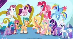 Size: 1280x696 | Tagged: safe, artist:kittypaintyt, derpibooru import, applejack, fluttershy, hitch trailblazer, izzy moonbow, pinkie pie, pipp petals, rainbow dash, rarity, sunny starscout, twilight sparkle, zipp storm, earth pony, pegasus, pony, unicorn, g4, g5, alternate design, alternate hairstyle, applejack (g5 concept leak), blaze (coat marking), bracelet, braid, coat markings, colored hooves, colored horn, colored pupils, colored wings, comparison, crown, decoration, earth pony twilight, expectation vs reality, eyeshadow, facial markings, feathered fetlocks, female, fluttershy (g5 concept leak), flying, g5 concept leak style, g5 concept leaks, gradient mane, gradient tail, happy, hitch and his 2nd heroine, hitch and his heroine, hooves, horn, image, izzy and her 2nd heroine, jewelry, jpeg, long hair, long mane, long tail, looking at each other, looking at someone, makeup, male, mane five, mane six (g5 concept leak), multicolored wings, open mouth, open smile, pegasus pinkie pie, pinkie pie (g5 concept leak), pipp and her 2nd heroine, race swap, rainbow dash (g5 concept leak), rainbow wings, raised hoof, rarity (g5 concept leak), regalia, signature, smiling, smiling at each other, spread wings, standing, sunny and her heroine, surprised, tail, twilight sparkle (g5 concept leak), two toned mane, two toned tail, unicorn fluttershy, unshorn fetlocks, wings, zipp and her heroine