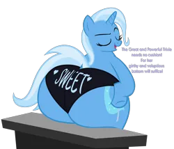 Size: 5220x4458 | Tagged: suggestive, alternate version, artist:duskyzombie, derpibooru import, trixie, pony, unicorn, g4, absurd resolution, butt, butt squish, clothes, dialogue, eyes closed, fat, female, horn, image, large butt, mare, open mouth, plot, png, simple background, sitting, smug, solo, the ass was fat, the great and powerful ass, thick, transparent background, underwear, vector, wide hips