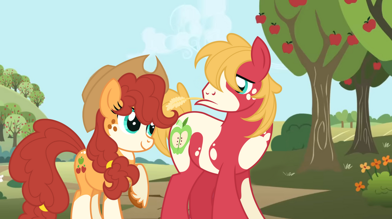 Size: 1280x716 | Tagged: safe, artist:monochrome-sunsets, derpibooru import, applejack, big macintosh, earth pony, pony, g4, alternate design, alternate eye color, alternate mane color, alternate tail color, applejack's hat, bald face, blaze (coat marking), blonde mane, blonde tail, blue eyes, brown hooves, coat markings, colored hooves, colored muzzle, cowboy hat, curly mane, curly tail, facial markings, female, freckles, hat, hooves, image, lidded eyes, looking at each other, looking at someone, male, mare, mealy mouth (coat marking), missing accessory, orange coat, outdoors, pinto, png, ponytail, raised hoof, red coat, red mane, red tail, smiling at someone, socks (coat marking), stallion, standing, stetson, straw in mouth, sweet apple acres, tail, tied mane, tied tail, unshorn fetlocks, wall of tags