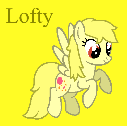 Size: 497x493 | Tagged: safe, artist:jigglewiggleinthepigglywiggle, derpibooru import, lofty, pegasus, pony, g1, g4, base used, closed mouth, cute, female, flying, full body, g1 to g4, generation leap, image, lofty can fly, loftybetes, mare, png, red eyes, simple background, smiling, solo, straight hair, straight mane, straight tail, tail, text, yellow background, yellow hair, yellow mane, yellow tail, yellow text