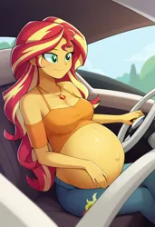 Size: 832x1216 | Tagged: suggestive, ai content, derpibooru import, machine learning generated, stable diffusion, sunset shimmer, human, equestria girls, g4, ai pregnant, belly, belly button, big belly, breasts, car, car interior, cleavage, clothes, driving, generator:pony diffusion v6 xl, image, jewelry, jpeg, necklace, outie belly button, pregnant, shoulderless, smiling, steering wheel, sunset preggers