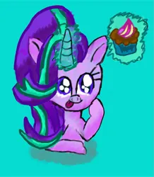 Size: 1659x1900 | Tagged: safe, artist:jewelswirlix, derpibooru import, cup cake, starlight glimmer, pony, unicorn, g4, female, glow, glowing horn, horn, image, jpeg, levitation, magic, magic aura, mare, raised hoof, simple background, smiling, solo, teal background, telekinesis, tongue out