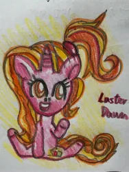 Size: 3024x4032 | Tagged: safe, artist:jewelswirlix, derpibooru import, luster dawn, pony, unicorn, g4, female, horn, image, jpeg, open mouth, open smile, raised hoof, sitting, smiling, solo, tail, traditional art
