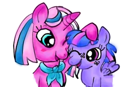 Size: 1024x712 | Tagged: safe, artist:jewelswirlix, derpibooru import, clear sky, wind sprint, pegasus, pony, unicorn, g4, blushing, duo, duo female, female, filly, foal, head pat, hoof on head, horn, image, mare, mother and child, mother and daughter, neckerchief, one eye closed, open mouth, open smile, pat, png, simple background, smiling, spread wings, transparent background, wings