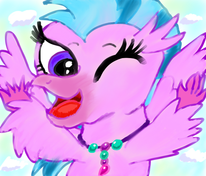 Size: 700x600 | Tagged: safe, artist:jewelswirlix, derpibooru import, silverstream, classical hippogriff, hippogriff, g4, beak, image, jewelry, necklace, one eye closed, open mouth, open smile, png, raised arms, smiling, solo, wink