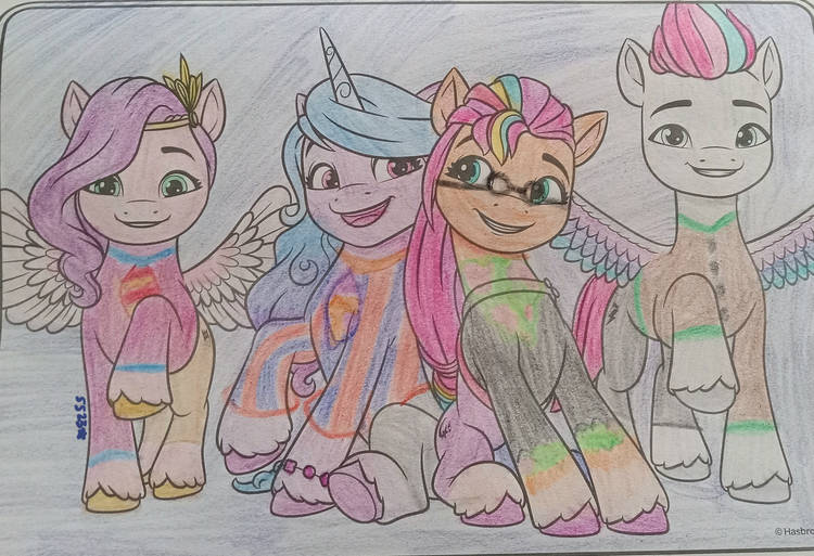 Size: 750x513 | Tagged: safe, artist:starrscout-23, derpibooru import, izzy moonbow, pipp petals, sunny starscout, zipp storm, earth pony, pegasus, pony, unicorn, g5, background pony hitch, blue background, clothes, coloring page, cute, diadem, female, george harrison, glasses, gradient mane, horn, image, jewelry, john lennon, jpeg, mane stripe sunny, mare, necktie, pants, paul mccartney, raised hoof, regalia, ringo starr, round glasses, royal sisters (g5), siblings, signature, simple background, sisters, sitting, spread wings, the beatles, wings, yellow submarine