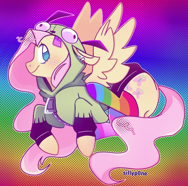 Size: 1349x1333 | Tagged: safe, artist:sillyp0ne, derpibooru import, fluttershy, pegasus, pony, g4, antonymph, blue eyelashes, blush scribble, blushing, clothes, colored eyelashes, cutiemarks (and the things that bind us), ear piercing, earring, eyelashes, female, fluttgirshy, flying, gay pride flag, gir, gradient background, halftone, hoodie, image, invader zim, jewelry, jpeg, long mane, long tail, looking back, mare, mismatched socks, outline, patterned background, piercing, pink mane, pink tail, pride, pride flag, profile, rainbow background, raised leg, screentone, shiny mane, shiny tail, signature, smiling, socks, solo, spread wings, tail, teal eyes, trans fluttershy, transgender, transgender pride flag, vylet pony, wavy mane, wavy tail, wings, yellow coat