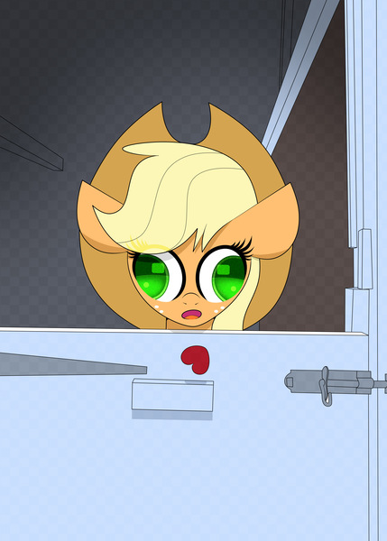 Size: 2500x3500 | Tagged: artist needed, safe, derpibooru import, applejack, earth pony, pony, g4, derp, door, drawthread, female, image, jpeg, latch, locked, mare, open mouth, ponified animal photo, ponified horse, ponified horse photo, requested art