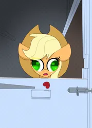 Size: 2500x3500 | Tagged: artist needed, safe, artist:anonymous, derpibooru import, applejack, earth pony, pony, g4, checkered background, derp, door, drawthread, female, fixed version, image, jpeg, latch, locked, mare, open mouth, ponified animal photo, ponified horse, ponified horse photo, requested art