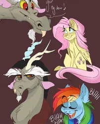 Size: 1242x1537 | Tagged: safe, artist:creaturedeerr, derpibooru import, discord, fluttershy, rainbow dash, draconequus, pegasus, pony, blah, dialogue, discoshy, eyebrows, eyebrows visible through hair, eyes closed, female, image, jpeg, male, mare, shipping, sitting, smiling, squint, straight, unamused