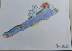 Size: 3215x2272 | Tagged: safe, artist:blackblade360, derpibooru import, rainbow dash, pegasus, pony, g4, 2024, atg 2024, blue coat, blue wings, clothes, colored pencil drawing, female, flying, goggles, image, irl, jpeg, mare, newbie artist training grounds, paper, photo, signature, spread wings, traditional art, uniform, wings, wonderbolts, wonderbolts uniform