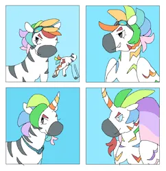 Size: 733x758 | Tagged: safe, artist:084392, derpibooru import, part of a set, rainbow dash, alicorn, earth pony, pegasus, pony, unicorn, zebra, alicornified, alternate design, earth pony rainbow dash, female, goggles, goggles on head, horn, image, mare, png, race swap, rainbowcorn, solo, species swap, unicorn rainbow dash, zebrafied