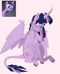 Size: 1242x1528 | Tagged: safe, artist:creaturedeerr, derpibooru import, twilight sparkle, twilight sparkle (alicorn), alicorn, pony, g4, curved horn, cute, female, horn, image, jpeg, leonine tail, mare, raised hoof, sitting, smiling, solo, tail, twiabetes, unshorn fetlocks