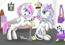 Size: 2941x2039 | Tagged: safe, artist:assa-chan, derpibooru import, bon bon, rarity, sweetie drops, oc, oc:harmony draw, oc:shooting star, pegasus, pony, unicorn, female, horn, image, jpeg, magic, mare, plushie