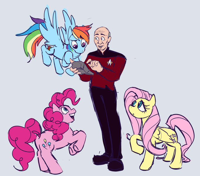 Size: 2048x1803 | Tagged: safe, artist:wizardguy1993, derpibooru import, fluttershy, pinkie pie, rainbow dash, earth pony, human, pegasus, pony, balloonbutt, butt, captain picard, crossover, female, flying, grayscale, human male, image, male, mare, monochrome, open mouth, plot, png, rearing, star trek, star trek: the next generation, tricorder